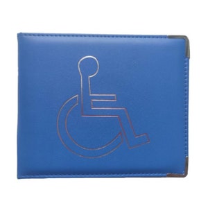 May include: Blue leather wallet with a silver wheelchair symbol embossed on the front.