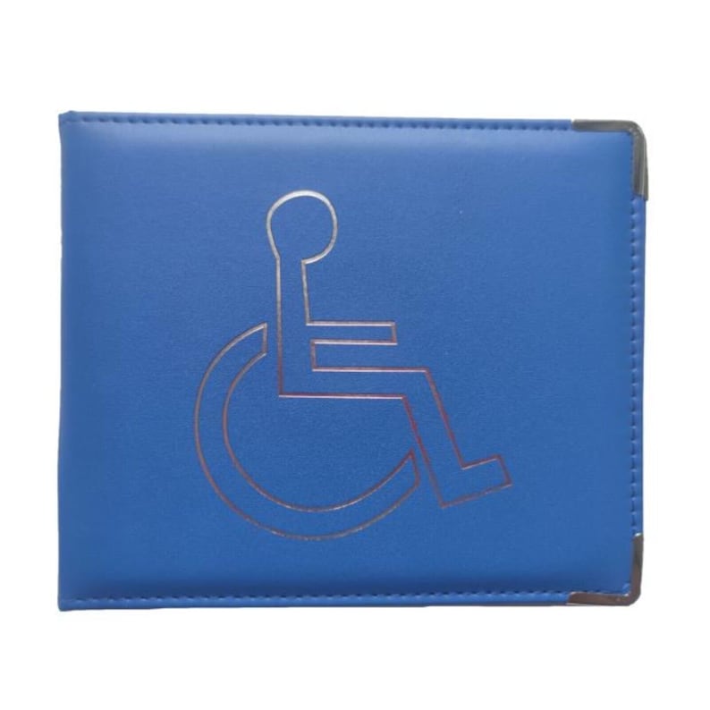 May include: Blue leather wallet with a silver wheelchair symbol embossed on the front.