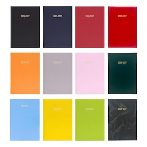 May include: A collection of twelve rectangular planners arranged in a grid, each featuring the text 2026-2027 in gold foil. The covers come in various solid colours including black, navy, red, orange, grey, pink, dark green, blue, yellow, lime, and marble.