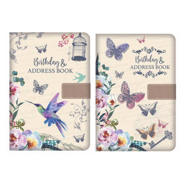 Telephone Address Book A-Z Index Beautiful Fabric Vintage Style Cover A5 Hardback Address Book with Magnetic Lock - Butterflies and Birds