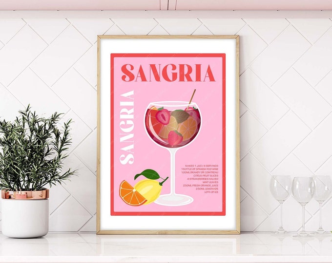 Sangria Cocktail Poster, Sangria Cocktail Poster, Sommer Cocktail Drucke, Cocktails Wandkunst, Wanddekor Cocktails, Bar Cart Decor