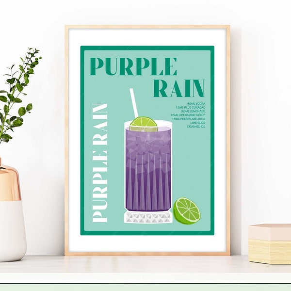 Purple Rain Cocktail Print, Purple Rain Poster, Purple Cocktail Prints, Cocktails Wall Art, Wall Decor Cocktails, Bar Prints