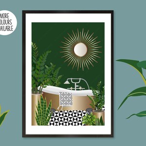 May include: A digital illustration of a bathroom with a gold bathtub, green walls, and a gold sunburst mirror. The floor is black and white checkered tiles. There are plants in gold pots on either side of the bathtub.