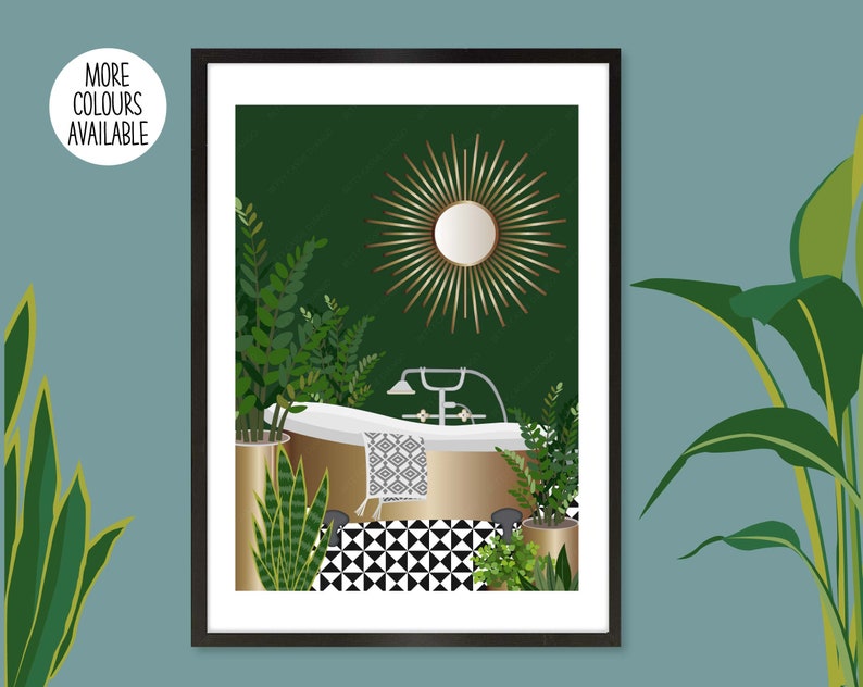 May include: A digital illustration of a bathroom with a gold bathtub, green walls, and a gold sunburst mirror. The floor is black and white checkered tiles. There are plants in gold pots on either side of the bathtub.