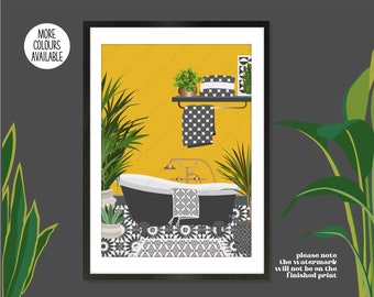 Tiled Floor Bathroom Plants Print, Bathroom Plants Print, Botanical Bathroom Print, Boho Bathroom Print, Neutral Tiled Bathroom Print,