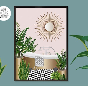 May include: A digital illustration of a bathroom interior with a pink wall, a gold bathtub, a gold mirror with sunburst rays, and a black and white tiled floor.  There are several green plants in gold pots.