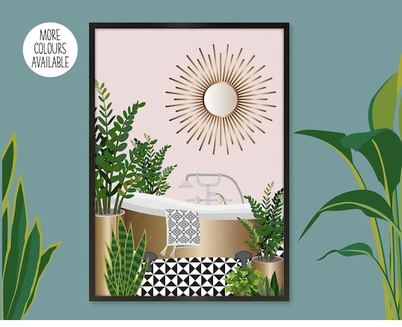 Bathroom Sunray Mirror and Plants Print, Botanical Bathroom Print, Rose Gold Prints, Moroccan Tiled Bathroom Print, Beautiful Bathrooms