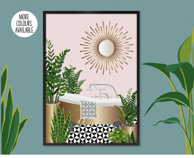 May include: A digital illustration of a bathroom interior with a pink wall, a gold bathtub, a gold mirror with sunburst rays, and a black and white tiled floor.  There are several green plants in gold pots.