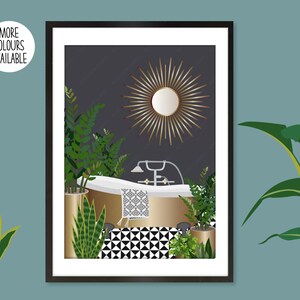 May include: A gold bathtub with a gold faucet and a gold mirror with a sunburst design. The bathtub is surrounded by plants and the floor is black and white checkered tiles.
