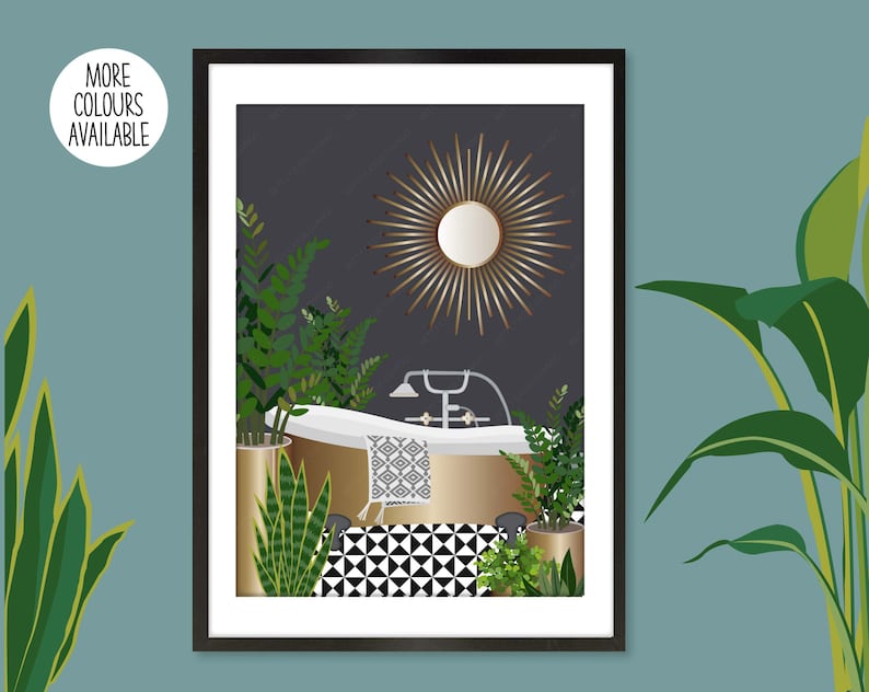 May include: A gold bathtub with a gold faucet and a gold mirror with a sunburst design. The bathtub is surrounded by plants and the floor is black and white checkered tiles.