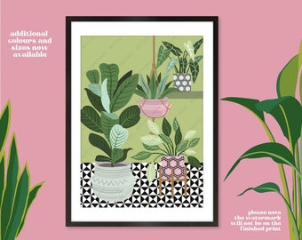 May include: A digital illustration of three potted plants with green leaves against a green background. The plants are in different styles of pots, including a hanging pot. The pots are on a black and white tiled floor.