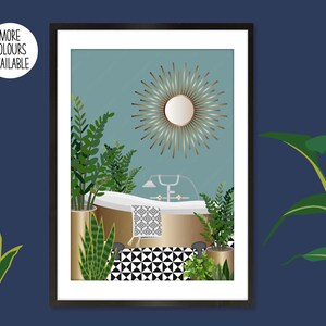 May include: A gold bathtub with a gold faucet and a gold mirror with a sunburst design. The bathtub is surrounded by green plants and the floor is black and white checkered tiles.