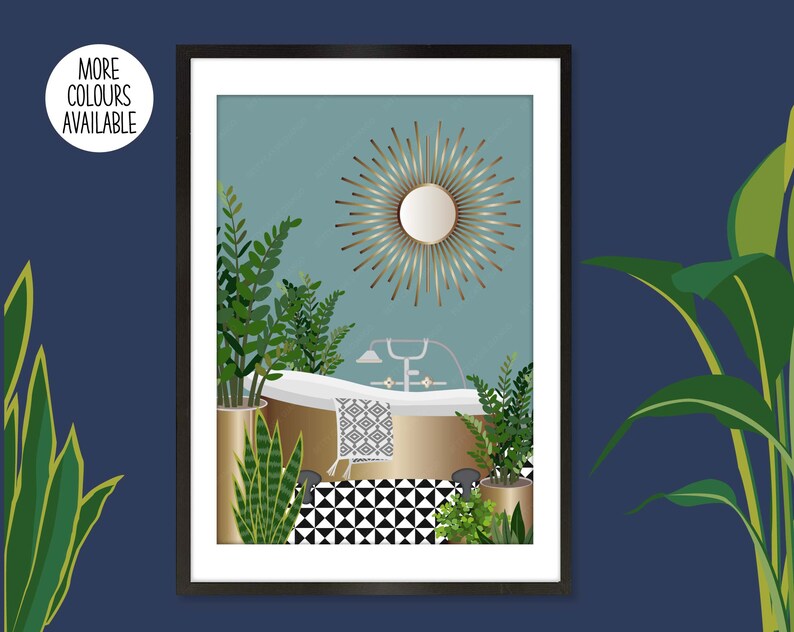 May include: A gold bathtub with a gold faucet and a gold mirror with a sunburst design. The bathtub is surrounded by green plants and the floor is black and white checkered tiles.