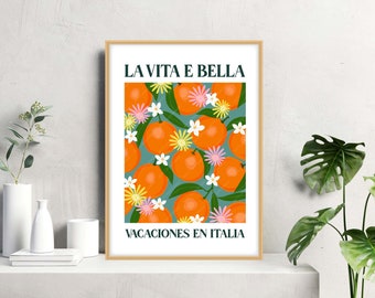 La Vita et Bella sinaasappelen poster, sinaasappelen poster, Italiaans geïnspireerde sinaasappelen print, fruitmarkt poster