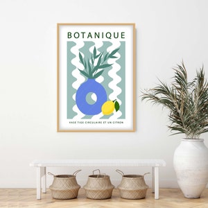 Botanique moderne stillevenposter, citroenen en vaasstilleven, donutvaas kunst aan de muur, golvende lijnenprint met fruit en vaas afbeelding 1