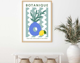 Botanique moderne stillevenposter, citroenen en vaasstilleven, donutvaas kunst aan de muur, golvende lijnenprint met fruit en vaas