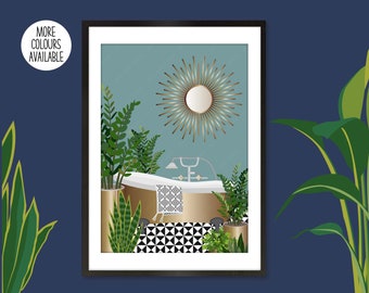 Bathroom Prints, Bathroom Wall Art, Bathroom Plants Print, Botanical Bathroom Print, Moroccan Tiled Bathroom Print