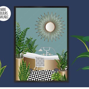 May include: A digital illustration of a bathroom interior with a gold bathtub, a gold mirror with a sunburst design, and a black and white tiled floor. The bathroom is decorated with green plants.