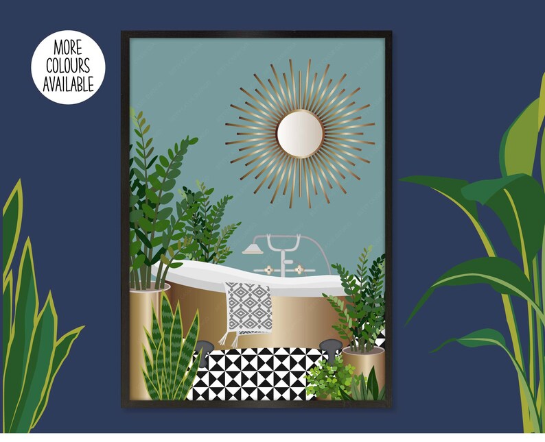 May include: A digital illustration of a bathroom interior with a gold bathtub, a gold mirror with a sunburst design, and a black and white tiled floor. The bathroom is decorated with green plants.