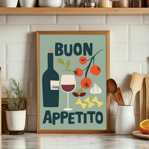 Italian Food Illustration Print, Pasta and Wine Print, Kitchen Food Prints, Italian Food Wall Art, Italian Cooking Ingredients Poster
