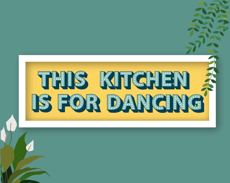 This Kitchen Is For Dancing Framed Print, Kitchen Dancing Print, Kitchen Disco Print, Kitchen Slogans, Kitchen Dancing Sign Yellow / White Frame