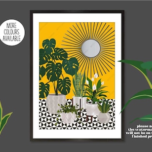 Modern Plants Print, Modern Plants on Tiled Floor Print, Pink Plants Print, Teal Plants Print, Mustard Plants Print