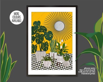 Modern Plants Print, Modern Plants on Tiled Floor Print, Pink Plants Print, Teal Plants Print, Mustard Plants Print