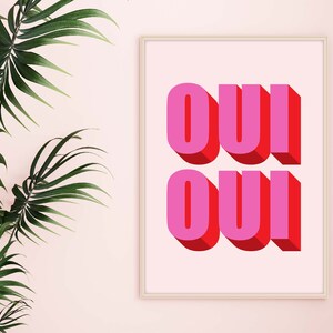 May include: A framed print with the word "OUI" repeated twice in pink and red 3D letters on a white background.