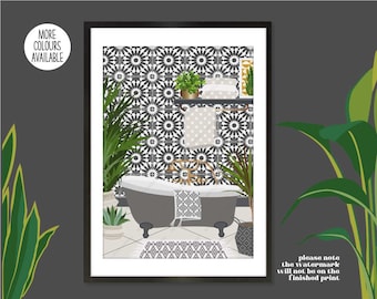 Geometric Tiled Boho Bathroom Print, Bathroom Plants Print, Botanical Bathroom Print, Boho Bathroom Print, Neutral Tiled Bathroom Print,