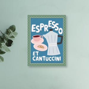 Impresión Espresso y Cantuccini con marco de burbujas, impresión Espresso enmarcada, impresión enmarcada de 15 x 20 cm, impresión de cocina italiana, impresión Espresso de 15 x 20 cm