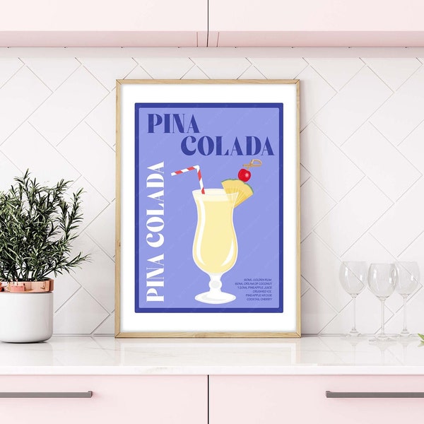 Pina Colada Print, Pina Colada Cocktail, Pina Colada Poster, Cocktail Prints, Cocktails Wall Art, Wall Decor Cocktails, Bar Prints