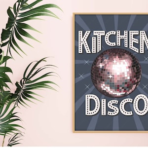 Kitchen Disco Print Grey, Kitchen Disco Poster, Pink Kitchen Disco Print, Grey Kitchen Disco Print, Kitchen Disco Wall Art