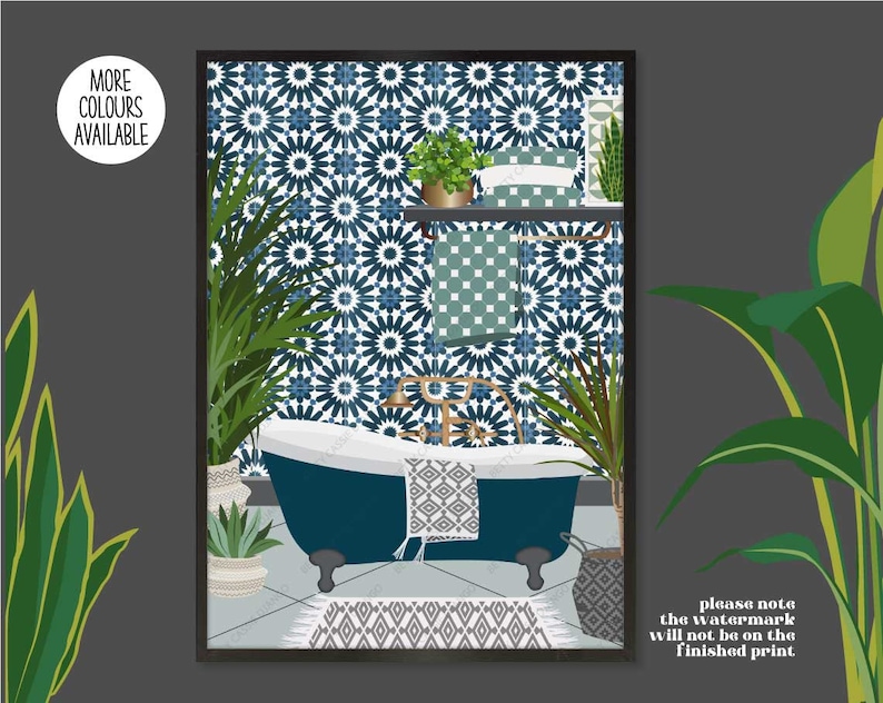 Geometric Tiled Boho Bathroom Print Bathroom Plants Print Etsy