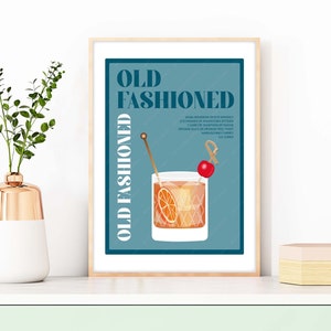 Receta de cóctel tradicional, impresión de cóctel tradicional, póster de cóctel tradicional, impresiones de cócteles, decoración de pared para bar