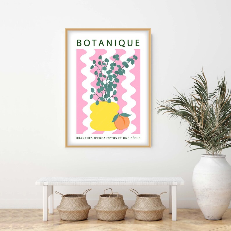 Botanique moderne stillevenposter, citroenen en vaasstilleven, donutvaas kunst aan de muur, golvende lijnenprint met fruit en vaas afbeelding 3