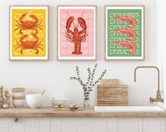 Lobster Print Poster Set, Shell Fish Prints, Sea Food Print Set, Kitchen Prints Sea Food, French Kitchen Prints, Fruits De La Mer Print Set
