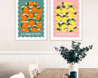 Italian Fruit Prints Set, Italian Fruit Market Posters, Citrus Fruit Print Set, Amalfi Fruit Print, Oranges and Lemons Print, Fruit Wall Art