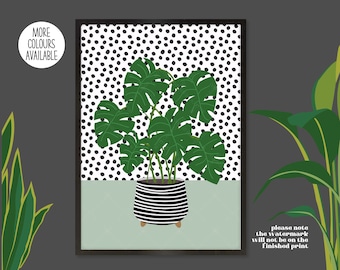 Monstera Plant Print, Monstera Plant Wall Art, Sage Background Plant Print, Modern Plant Wall Print, Botanical Print, Pink Plant Wall Art
