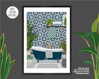 Geometric Tiled Boho Bathroom Print, Bathroom Plants Print, Botanical Bathroom Print, Boho Bathroom Print, Neutral Tiled Bathroom Print,