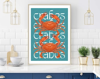 Seafood Print, Crab Illustration Poster, French Typography Food Prints, Restaurant Posters, Kitchen Wall Decor, Vintage Seafood Illustration