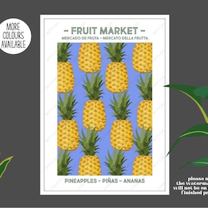 May include: A printable poster with a blue background and a repeating pattern of yellow pineapples. The text "FRUIT MARKET" is at the top of the poster, and the text "PINEAPPLES - PIÑAS - ANANAS" is at the bottom.