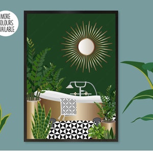 May include: A digital illustration of a bathroom with a gold bathtub, green walls, and a gold sunburst mirror. The floor is black and white checkered tiles. There are plants in pots throughout the room.