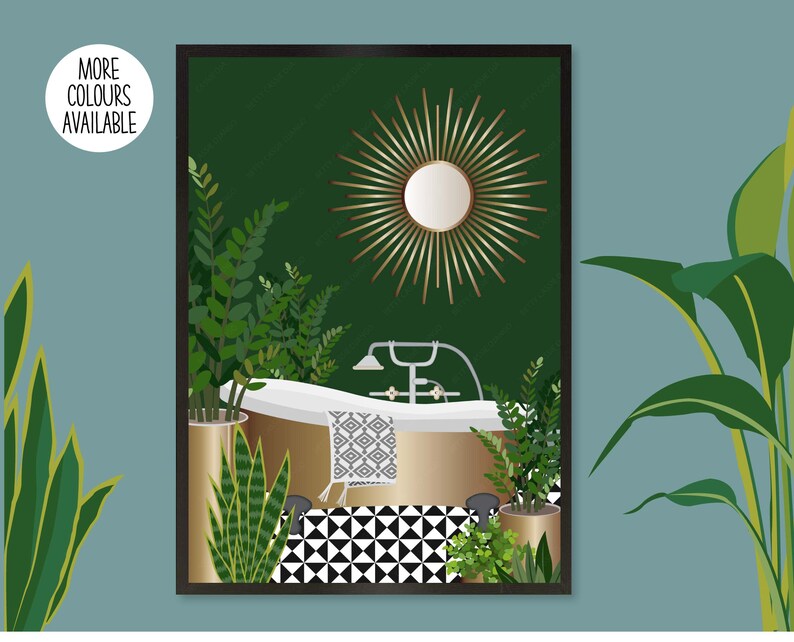 May include: A digital illustration of a bathroom with a gold bathtub, green walls, and a gold sunburst mirror. The floor is black and white checkered tiles. There are plants in pots throughout the room.