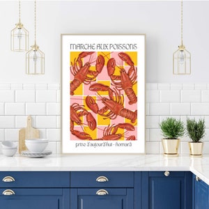 Lobster Print, Fish Market Posters, Seafood Wall Art, Shell Fish Wall Art, French Market Style Prints, Travel Posters, Kitchen Wall Decor