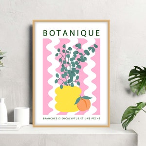 Botanique moderne stillevenposter, citroenen en vaasstilleven, donutvaas kunst aan de muur, golvende lijnenprint met fruit en vaas Pink - Yellow Vase