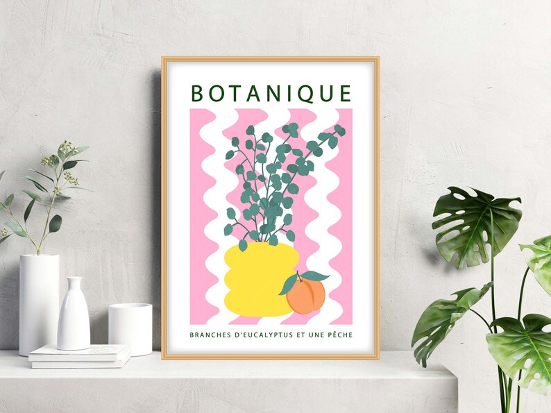 Botanique moderne stillevenposter, citroenen en vaasstilleven, donutvaas kunst aan de muur, golvende lijnenprint met fruit en vaas Pink - Yellow Vase