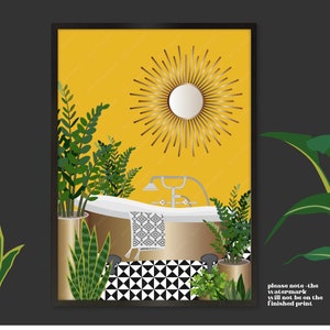 May include: A framed illustration of a bathroom with a yellow wall, a white bathtub, a gold mirror with sunburst rays, and green plants. The floor is black and white checkered tiles.