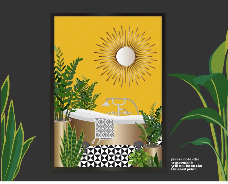 May include: A framed illustration of a bathroom with a yellow wall, a white bathtub, a gold mirror with sunburst rays, and green plants. The floor is black and white checkered tiles.