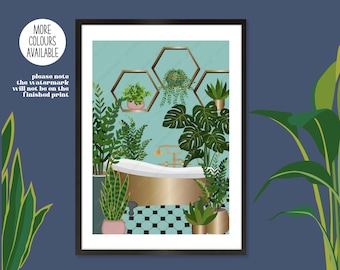 Bathroom Plants Print, Bathroom Botanical Plants, Roll Top Bath Print, Moroccan Bathroom Print, Bathroom Plant Jungle