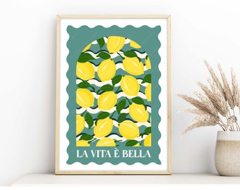 La Dolce Vita citroenen poster, Italiaans geïnspireerde citroenen print, Amalfi citroenen print, Italiaanse vakantie poster, fruitmarkt poster citroenen